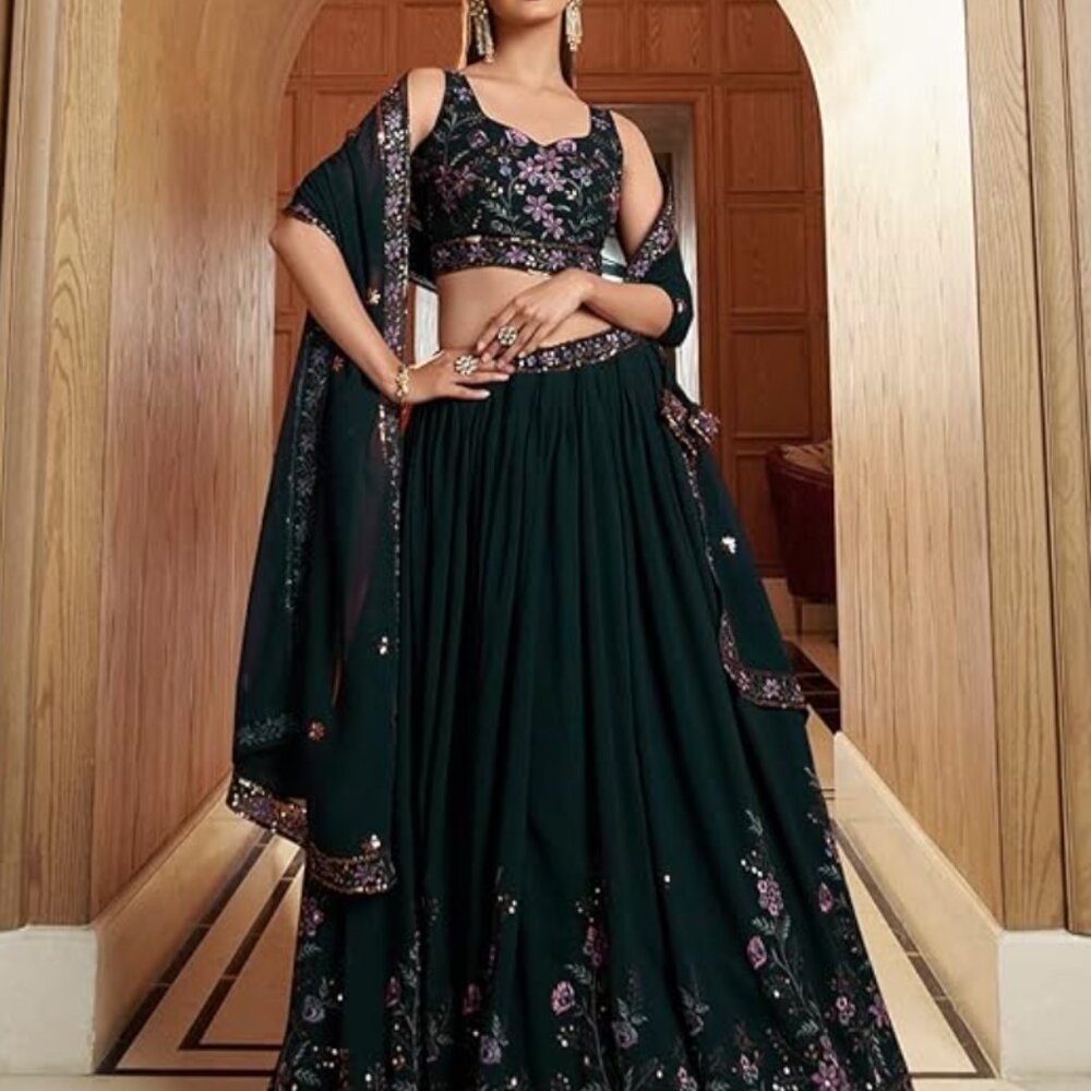 Uncut Navy Blue and Purple Georgette Lehenga and Dupatta